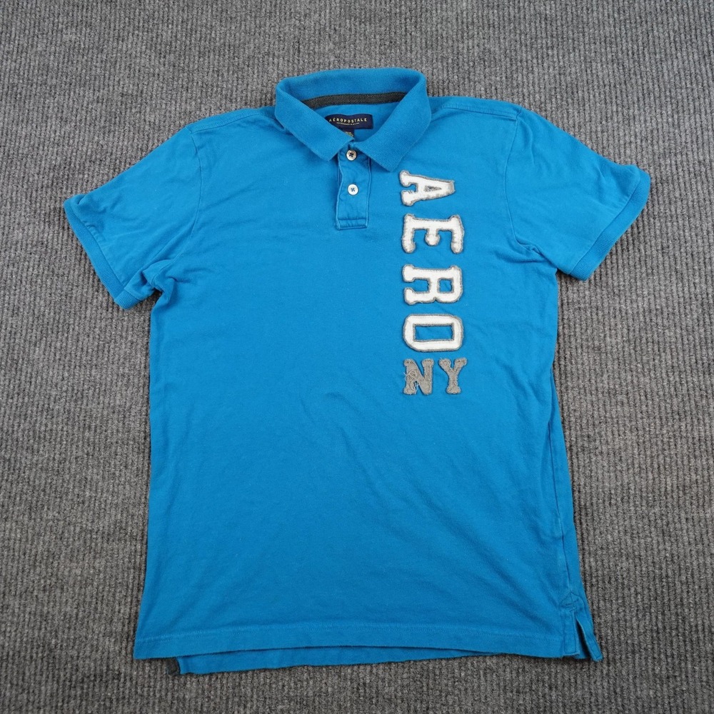 Aeropostale Polo Shirt Mens Medium Blue AERO NY Logo Short Sleeve Cotton